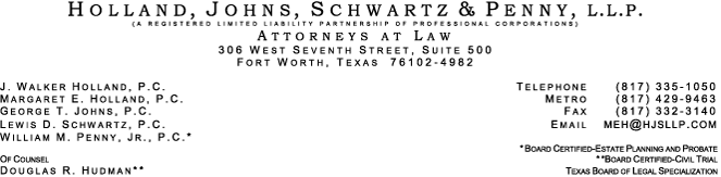 (HOLLAND, JOHNS, SCHWARTZ & PENNY, L.L.P. LETTERHEAD)